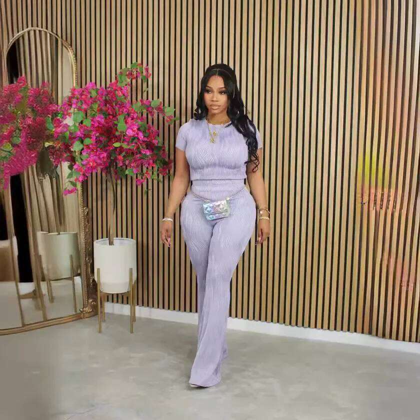 Cross-Border Spring Summer New Simple Fresh Commuter Style Pure Color round Neck Slim Long Pants Set Women's Fashion