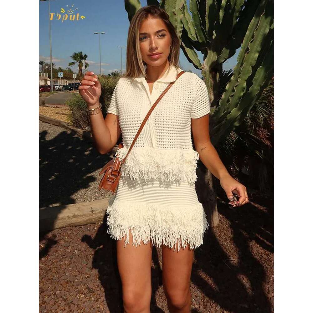 Solid Tassel Hem Skirt Sets Short Sleeved Lapel Tops Sexy Hip Hing Skirts 2 Piece Set Women's Party Streetwear 2025 Outfits