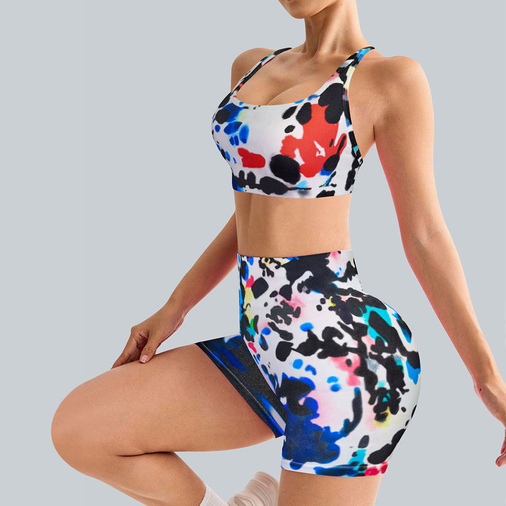 Sports and fitness full body drip dye seamless bra and tight high waisted shorts women's set