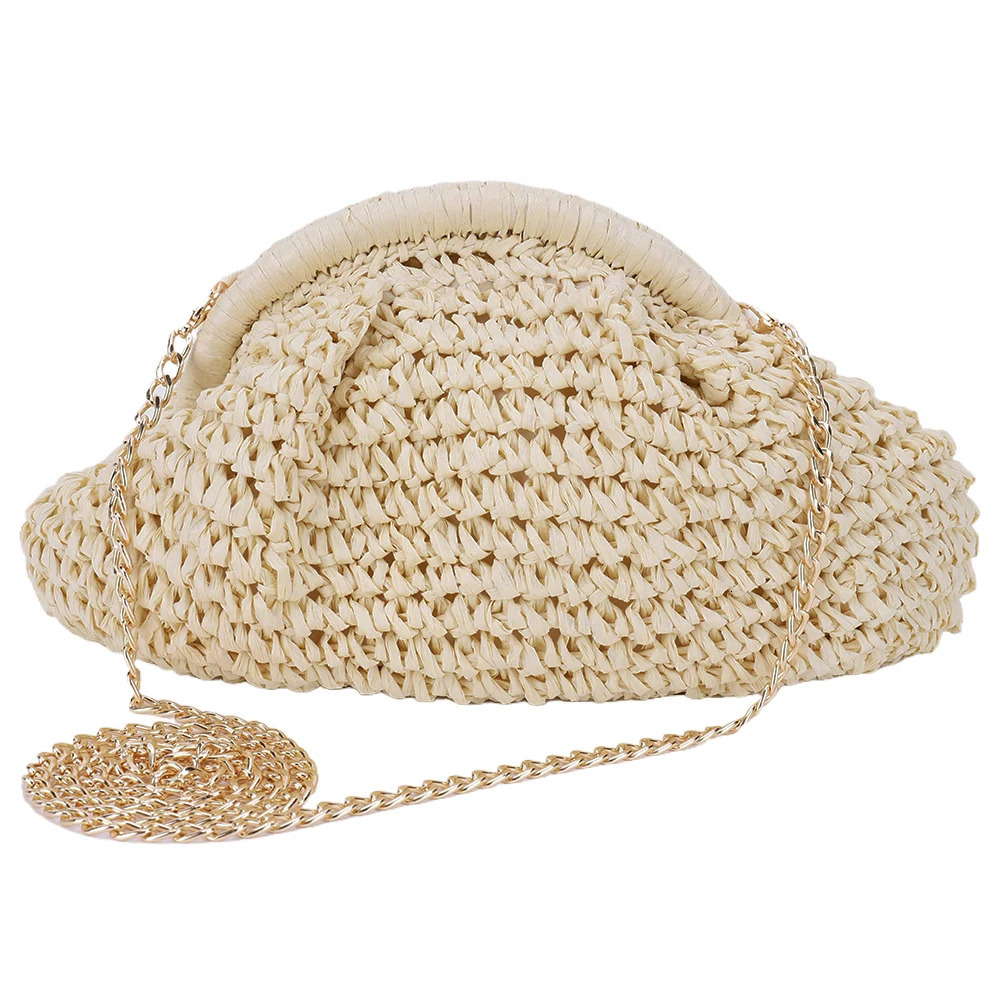 Women Straw Woven Bag Chain Strap Fashion Shoulder Large Capacity Weaving Satchel Solid Color for Party Vacation 250605
