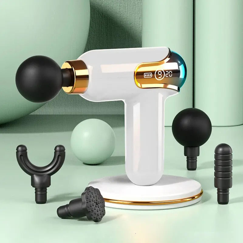 LCD Intelligent Frequency Control Mini Fascia Gun White Mini Portable USB Body Massager Electric Neck Membrane Gun 4 Head Vibrat 250605