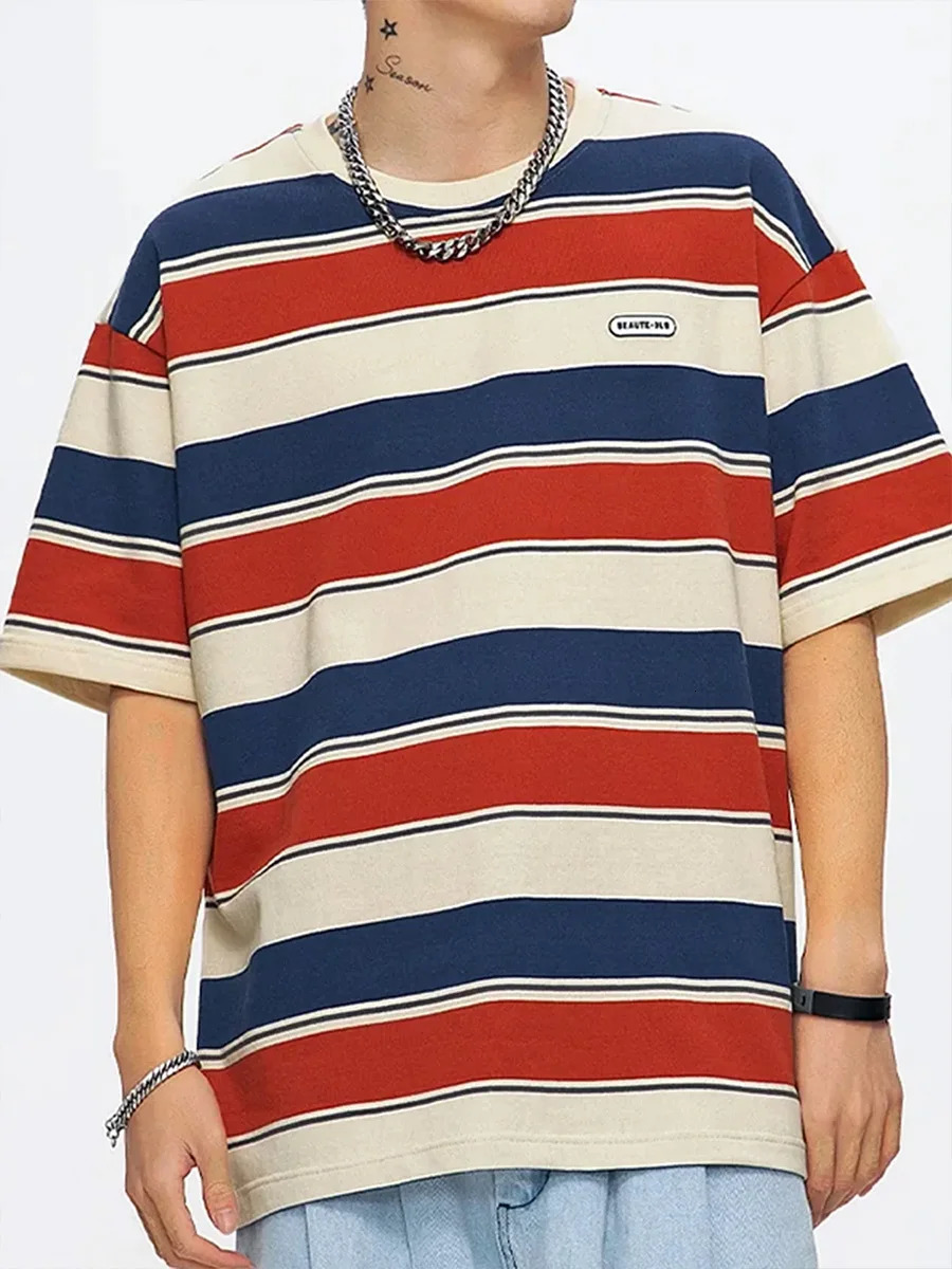 Y2K Loose Contrast Color Short Sleeve Striped T-shirts Couples Men Summer Tops Clothes Clothing Streetwear Unisex Tees 250605