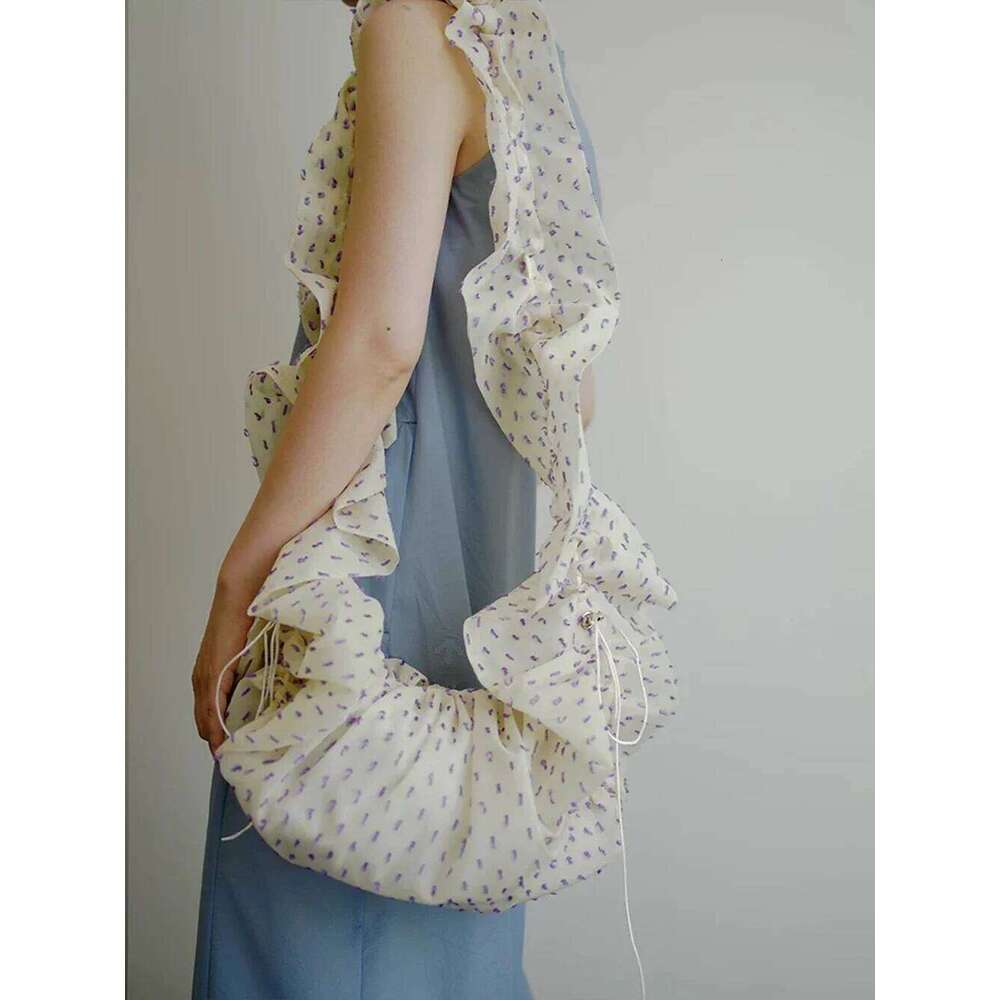 White Printed Adjustable Drawstring Tote Women's Pleated Lace Shoulder Strap Soft Lightweight Summer Commute Crossbody Bag