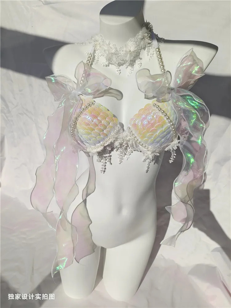 RM Handmade Mermaid Sequin Shell Bikini Top Bra Oceanarium Bar Table Performance Costume Fishtail Leather 250530