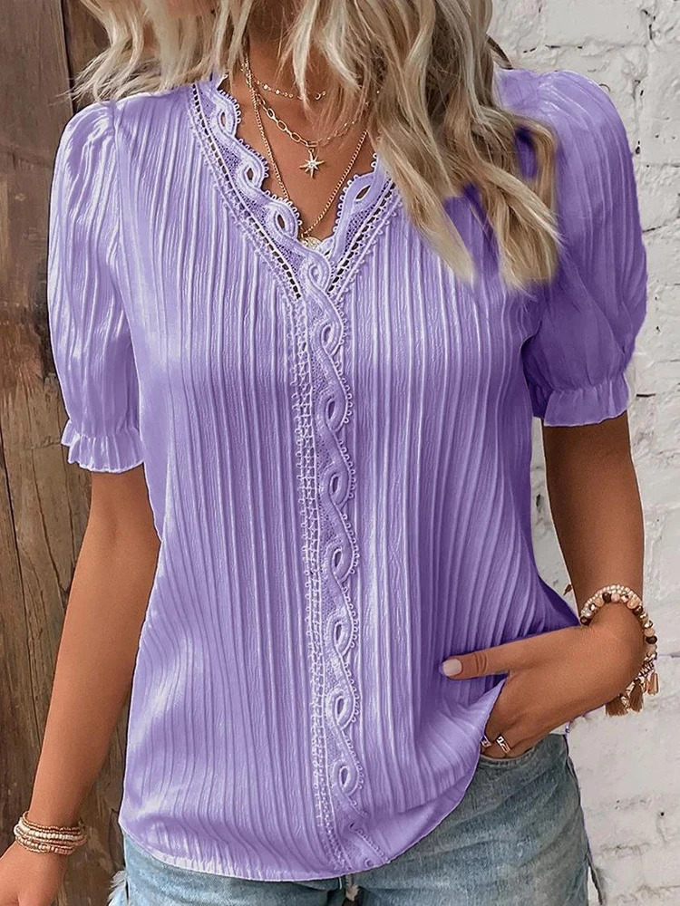 Womens Summer Top Solid Sexy V-Neck Hollow Short Sleeve Shirt Fashion Splice Plus Size Blouse Loose Street Apparel 250605