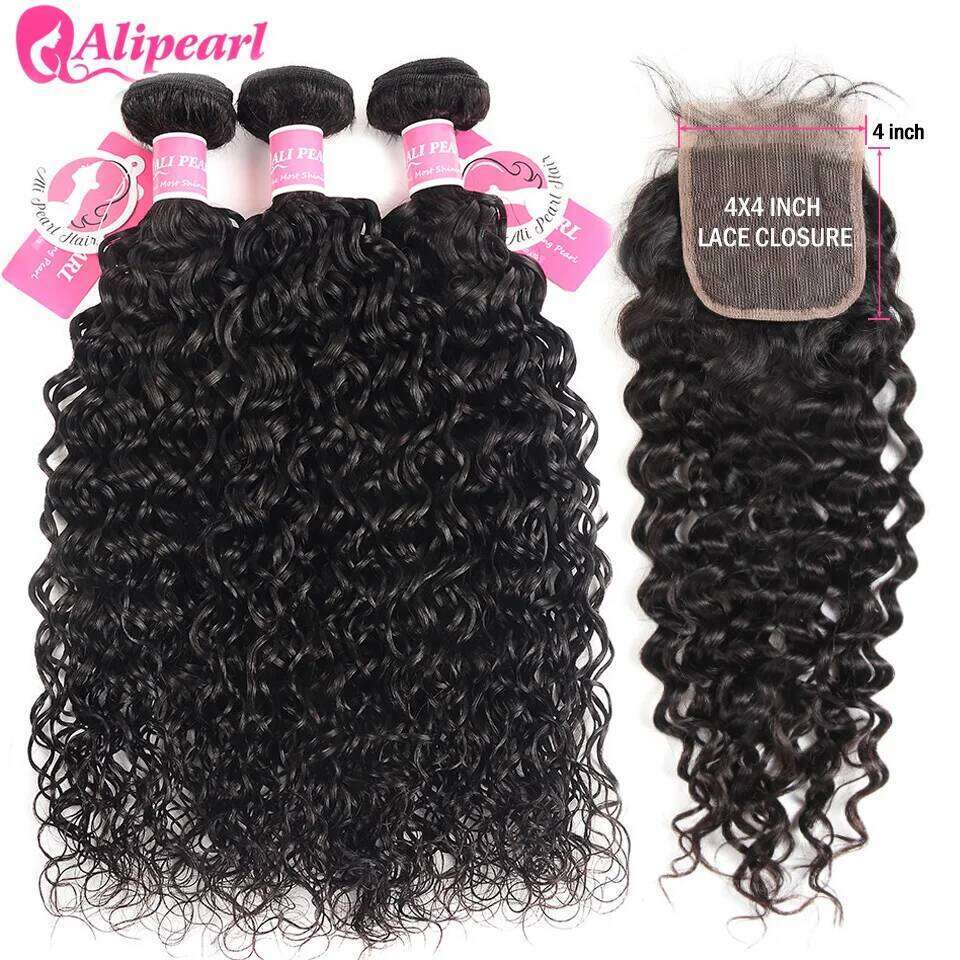 AliPearl Water Wave 4x4 Transparent Remy Peruvian Human Hair Bundles With Closure Free Part PrePlucked