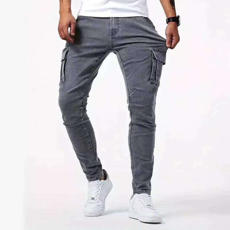Men Casual Pencil Male Elastic Multi Pocket Small Slim High Street Denim Pants Wash Solid Color Mid Waist Cargo Jeans