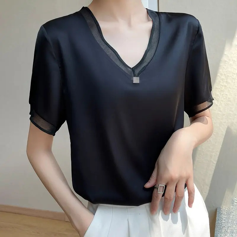 Summer Fashion Silk Temperament V-Neck All-Match Short-Sleeved Pullover Top Large Size Women Style Blouses Shirts 250605