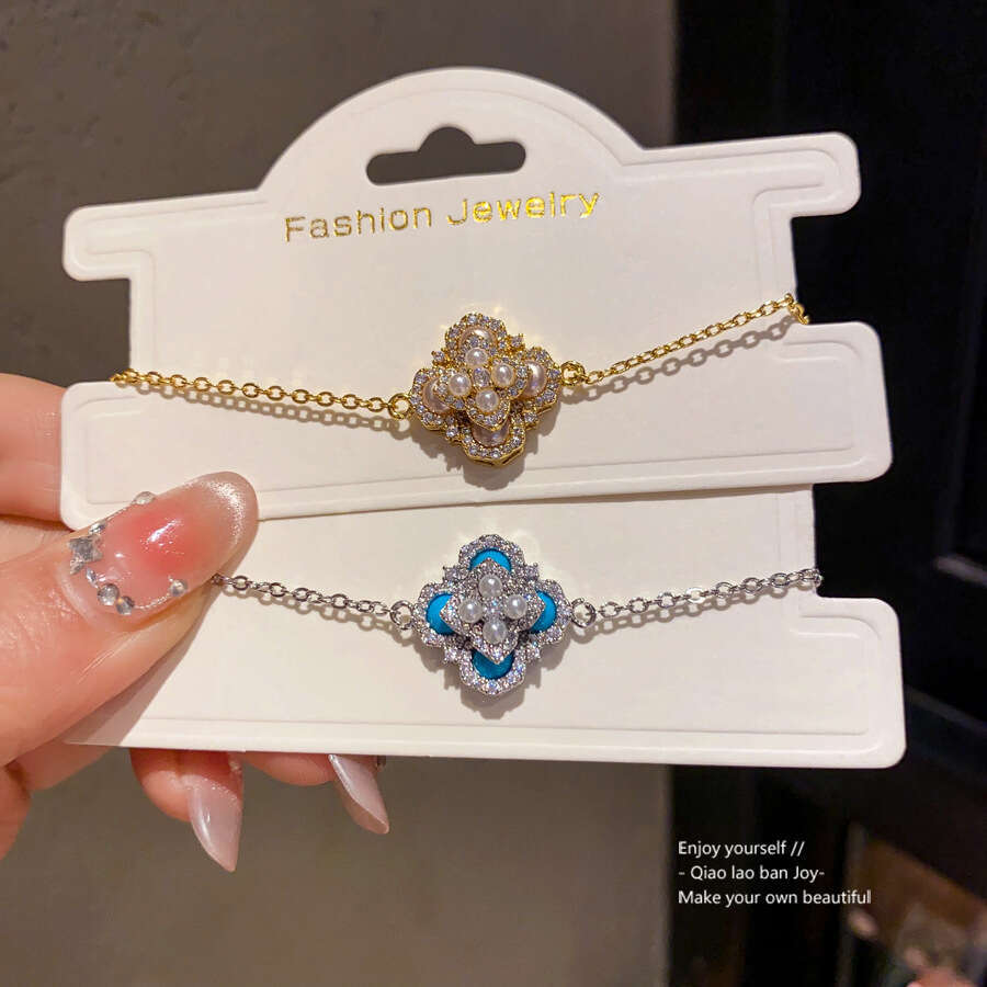 Luxury jewelry designer bracelet 4-leaf clover Zircon Turquoise Flower Pearl Open Palace Style Elegant Index Finger Ring Light High-end Sense Jewelry