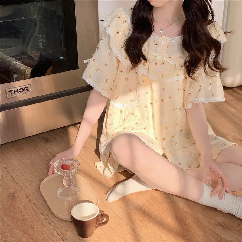 Summer Ladies Pajamas Loungewear Set Princess Style Sweet Lace Small Floral Short Sleeve Shorts Loose Plus Size Loungewear 250530