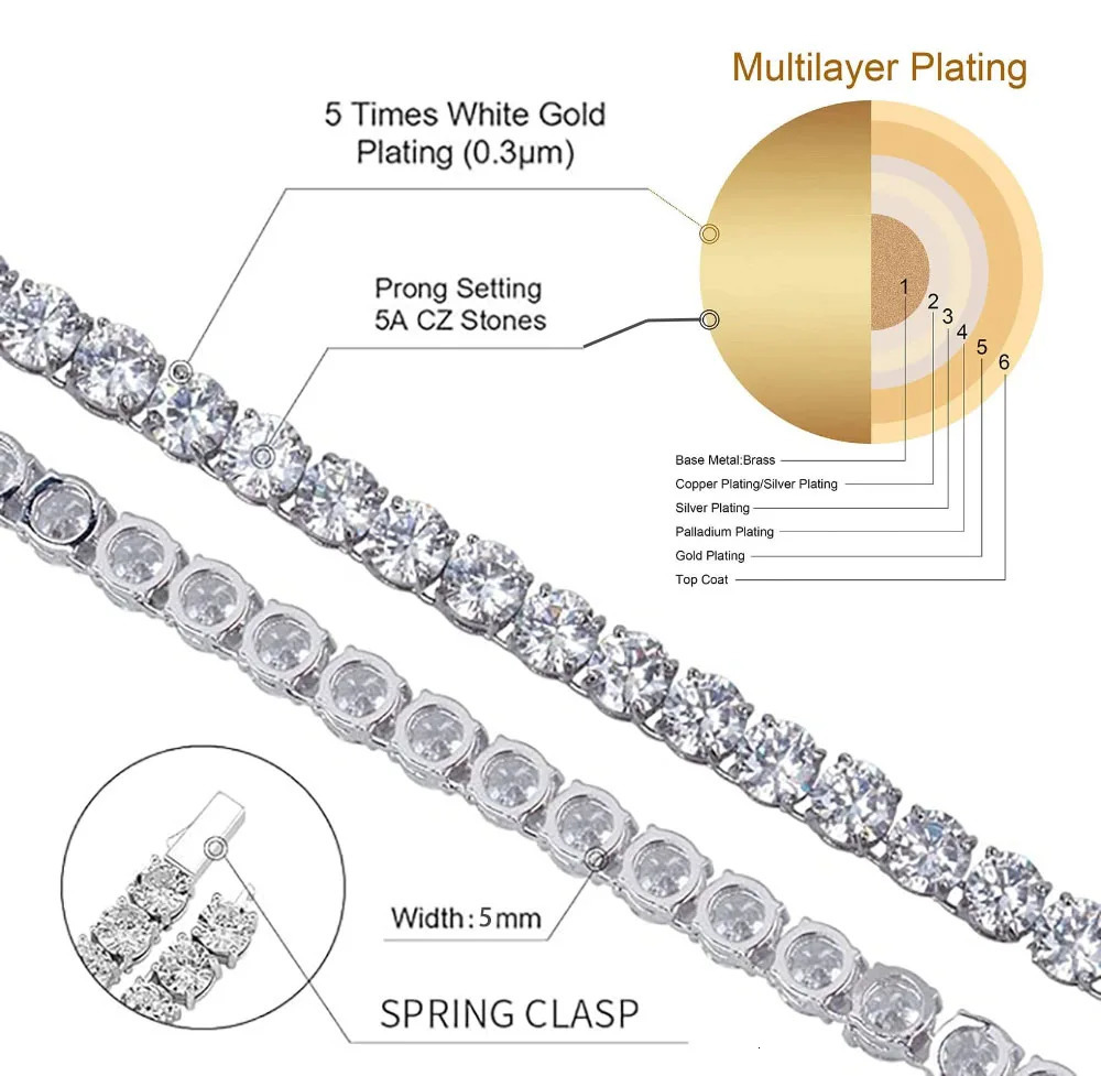 Hip Hop Jewelry Cubic Zirconia Iced Out Tennis Chain Iced Out 18k Gold Plated Bling Necklace For Women Free Custom Laser 250603