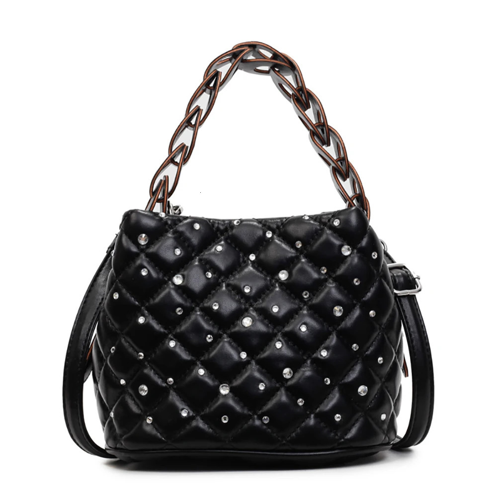 Summer Fashion Diamonds Thread Hand-Held Bucket Bag Women Solid Buckle Versatile Crossbody Bags Party Commute Shoulder Packs 250605