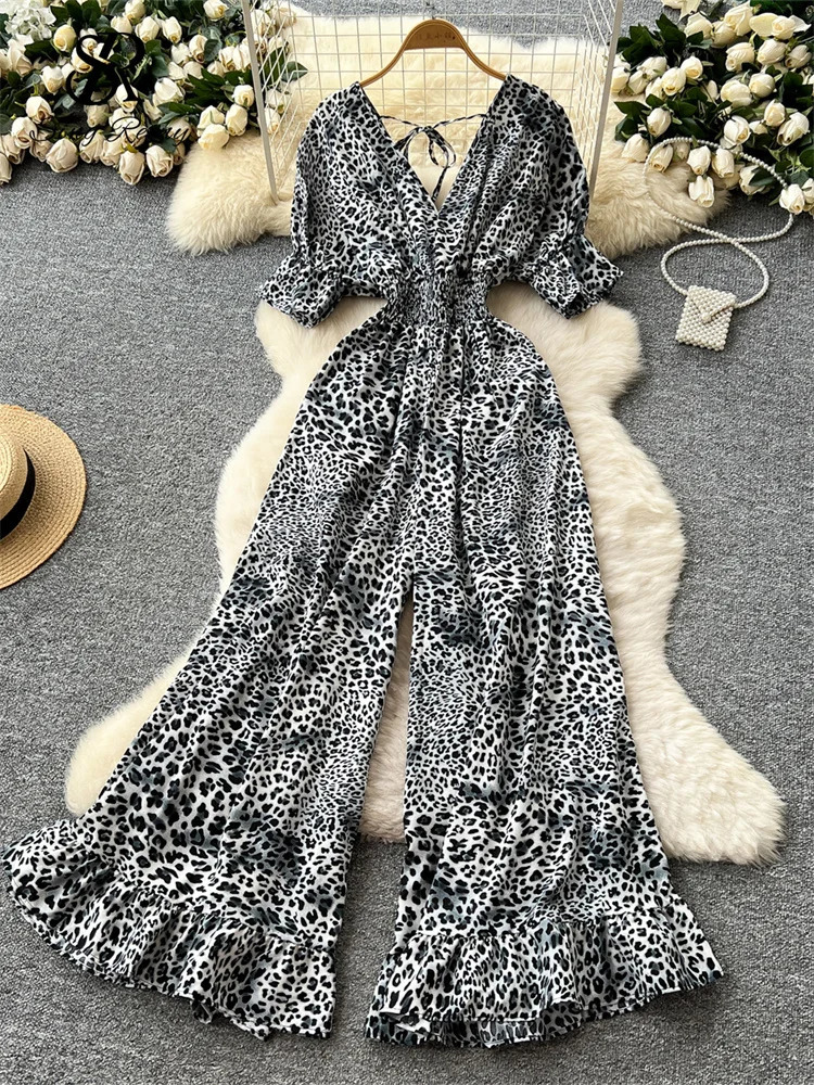 SINGREINY Summer Streetwear Jumpsuit Female V Neck Flared Sleeves Elastic Waist Slim Fit Fashion Leopard Print Long Rompers 250530