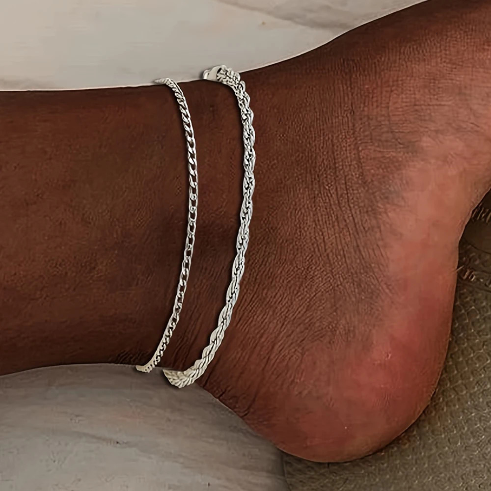 2pcs Stainless Steel Adjustable Silver Color Chain Anklets Set Unisex Daily Wear Beach Twist Metal Anklet Casual Foot Jewelry 250528