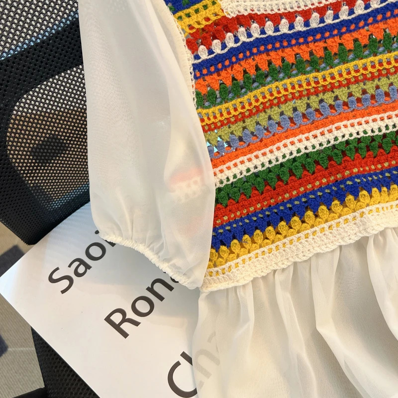 Rainbow Striped Crochet Knit Top for Women Square Neck Chiffon Half Sleeve Blouse Fairycore Cottagecore Spring Summer Outfit 250530