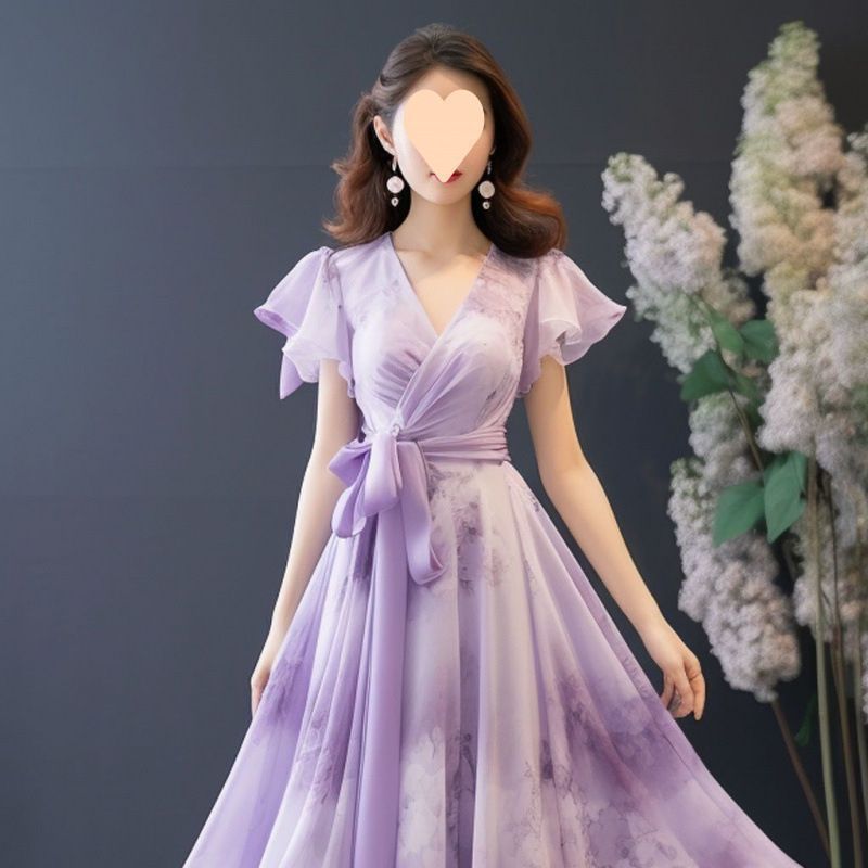 Maxi womens plus size wedding purple floral print empire waist tuning short sleeved V-neck elegant casual long skirt 240824