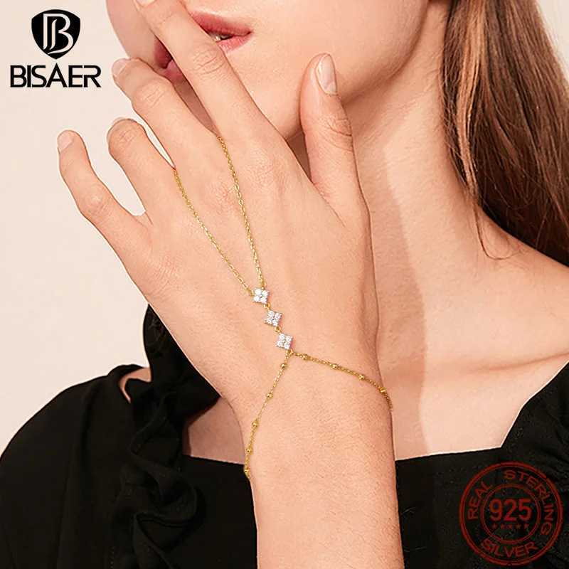 BISAER 925 Sterling Silver Finger Ring Bracelet Hand Chain Trendy Thin Dainty Stackable Chain Plated Gold for Women Fine Jewelry W250606