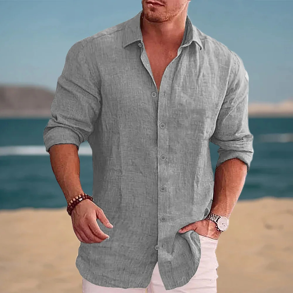 Autumn Mens Long Sleeve Shirt Cotton Linen Breathable Solid Color Casual Style Plus Size Dailywear Mens Linen Shirt 250530
