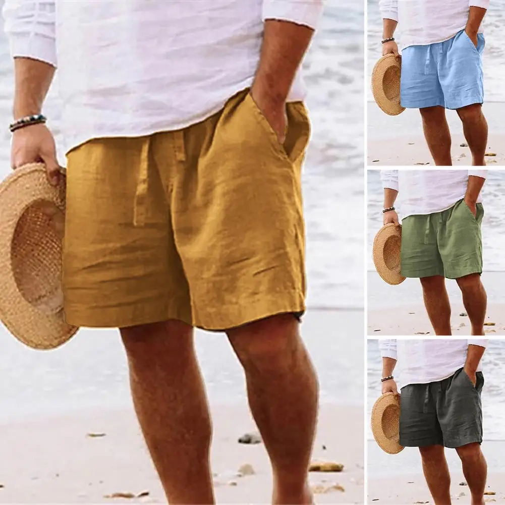 Mid-Rise Elastic Waist Drawstring Men Shorts Pockets Straight Wide Leg Knee Length Short Pants Solid Color Loose Beach Shorts 250605