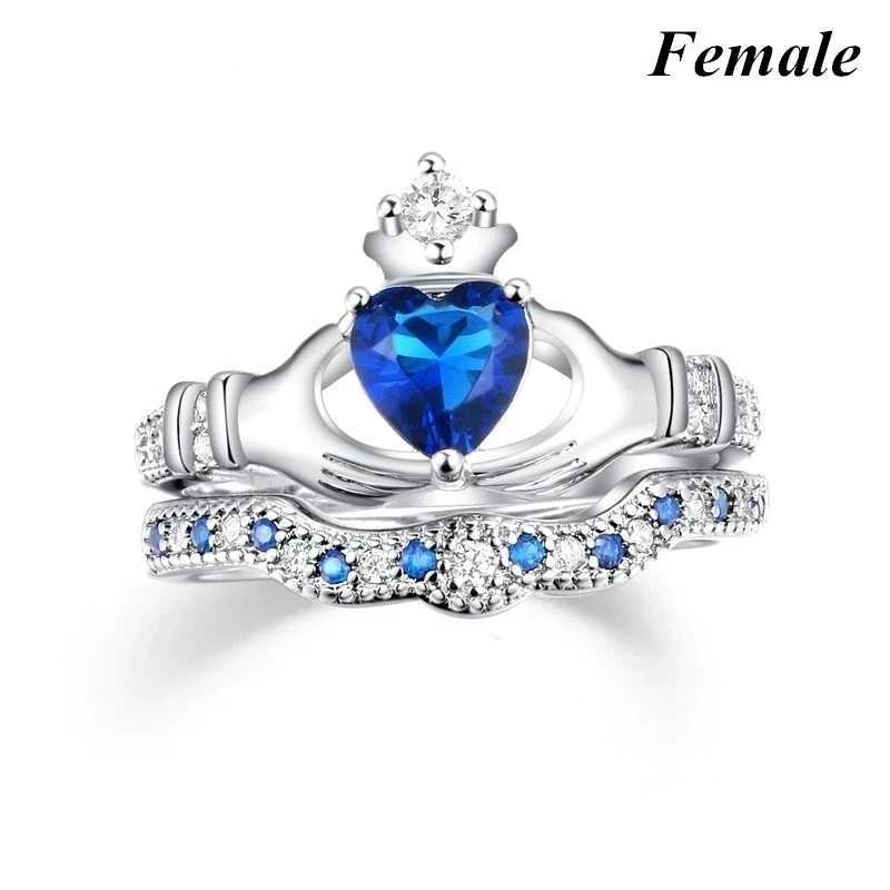 Couple Rings Men Stainless Steel Ring Women Filled Blue Crystal Heart Shaped Rings Wedding Engagement Valentine Day Gift Jewelry W250606