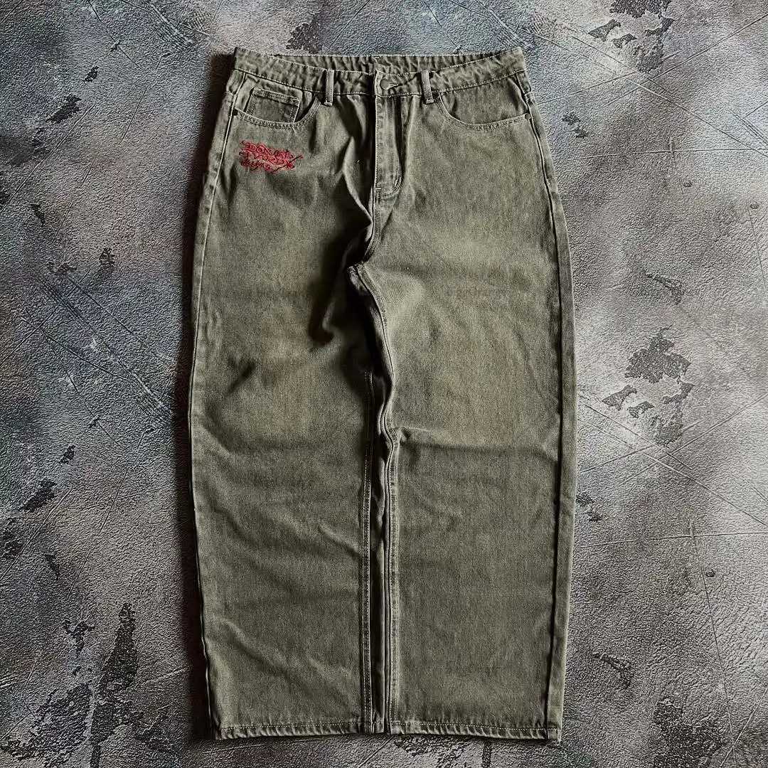 American Harajuku GoTHic Embroidery Text Pattern Washed Jeans Mens Street Pop Hip Hop Rap Unisex Jeans Z250605