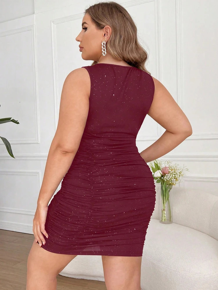 Plus Size Womens 2025 Summer Deep Ruffle Neckline Fitted Dress Sequins VNeck Hip Sleeveless Elegant 250526