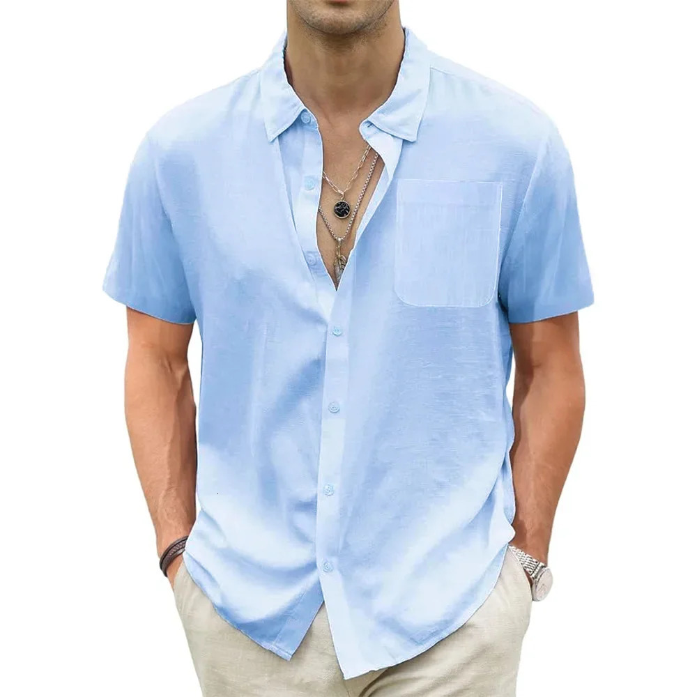 Mens Lightweight Hawaiian Shirts Cotton Linen Breathable Short Sleeve Shirts Vacation Beach Casual Summer Men Tops with Pocket 250605