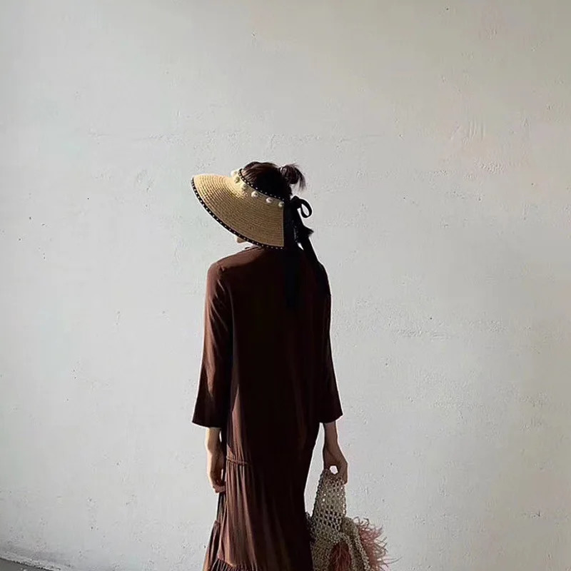 4Color Pearl Foldable Straw Hats For Women Ladie Empty Top Wide Large Brim Visor Cap Adjustable Beach UV Protction Hat 250603