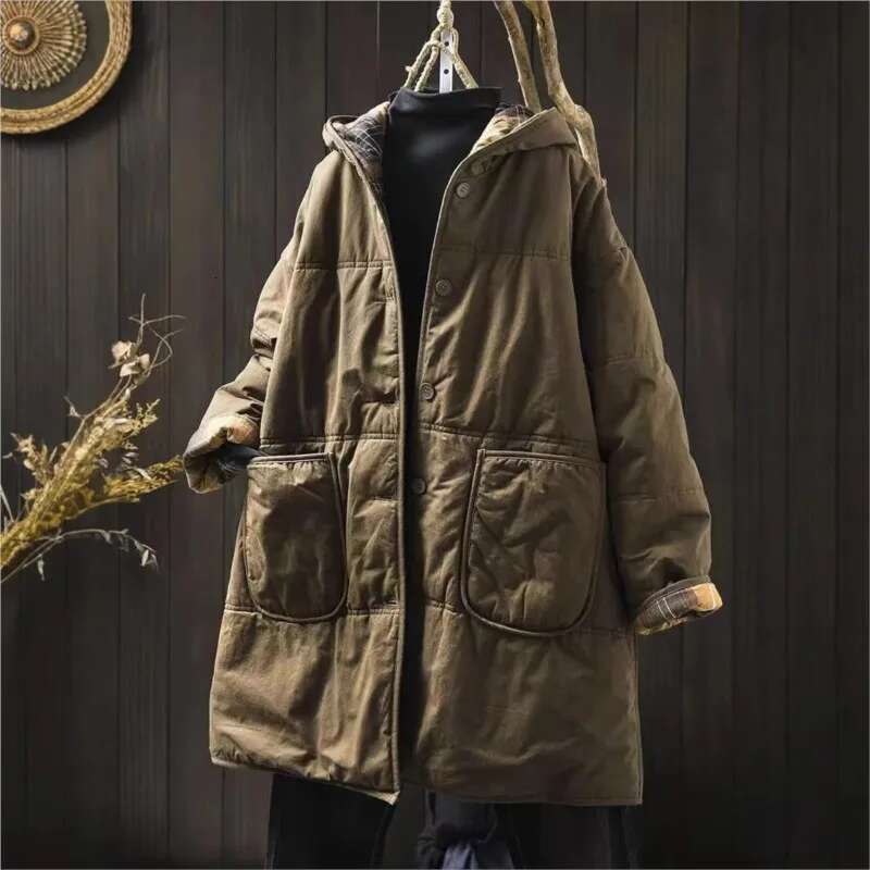 Johnature Women Vintage Hooded Button Solid Color Coats 2024 Winter New Long Sleeve Pockets Warm Plus Cotton Parkas