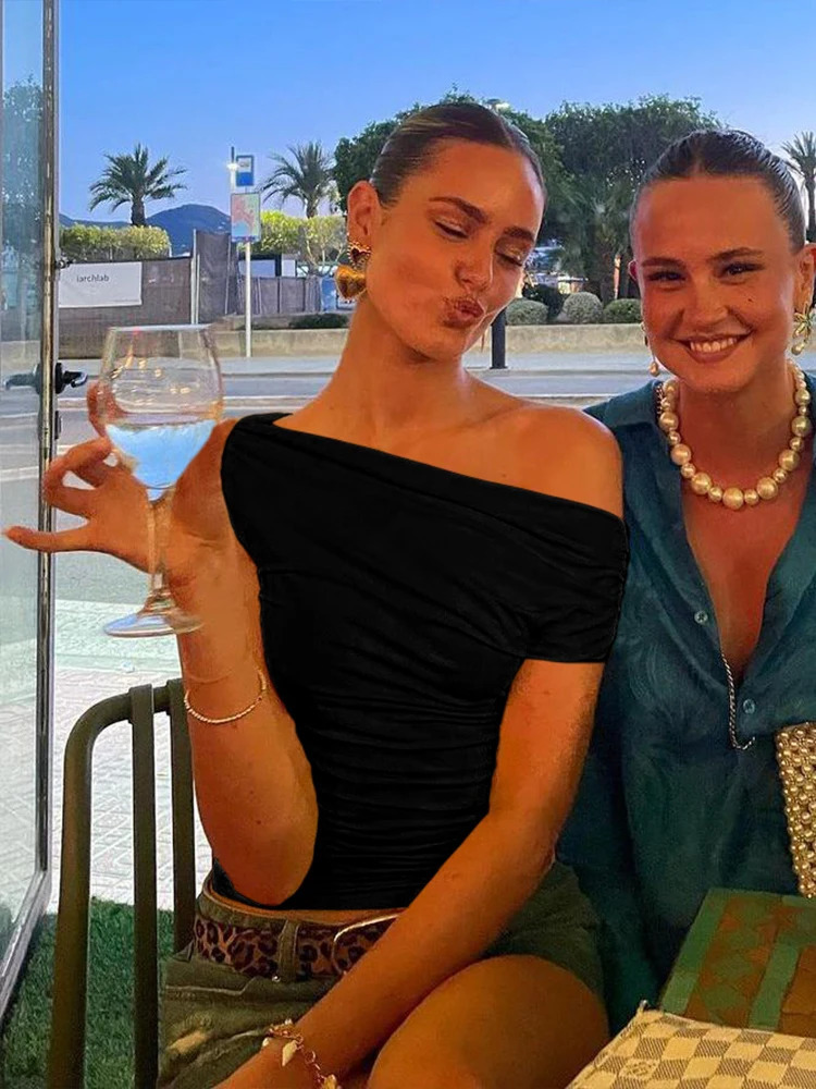 Weird Puss Irregular Women Tank Tops Shirring Shoulder Ruched Summer Chic Fashion Solid tie Simple Basic Streetwear Slim Vest 250605