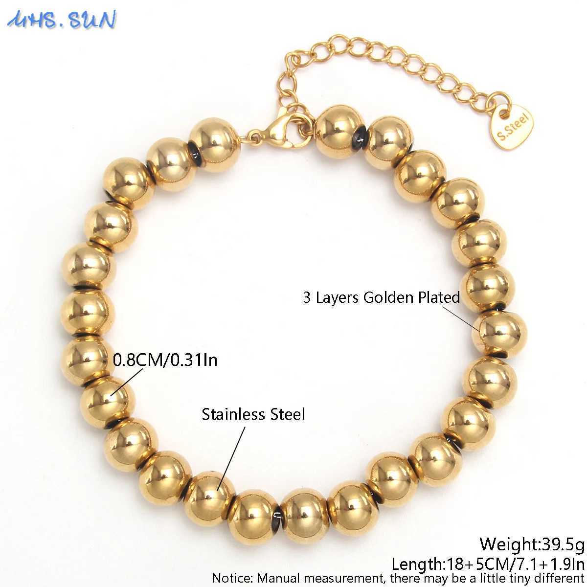 MHS.SUN Waterproof Smooth Beads Bracelet Adjustable Gold Silver Color Stainless Steel Round Balls Bracelets Unisex Party Jewelry W250606