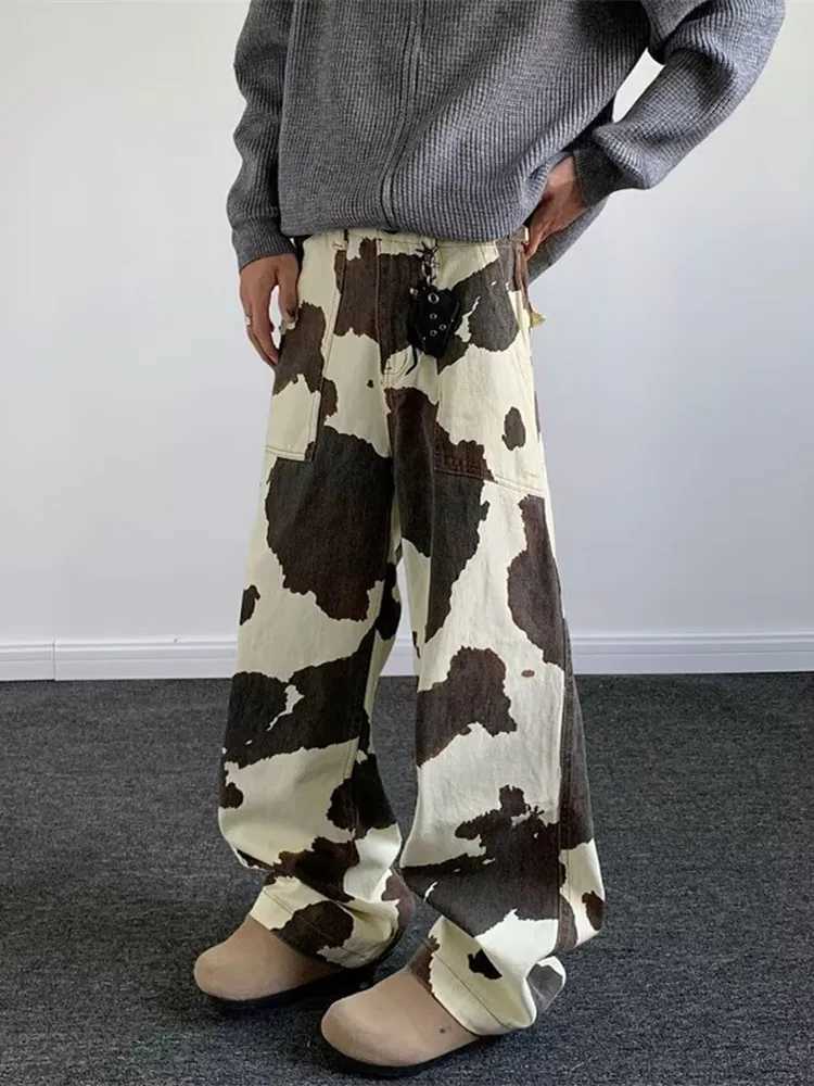 2025 Cyber Y2K Streetwear Cow Pattern Baggy Pants For Men CloTHing Wide Leg Straight Cotton Long Trousers Mens CloTHing Z250605
