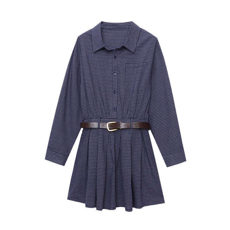3rd Morning Middle Korean Blue Checkered Shirt Dress with Belt ZY2641