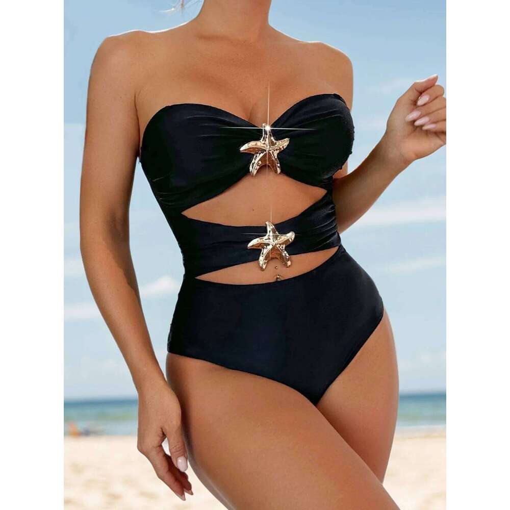 Solid Color Black One Piece Swimsuit for Women Starfish Strapless High Waist Hollow Out Bikini Monokini Beach Swimwear 2025 New