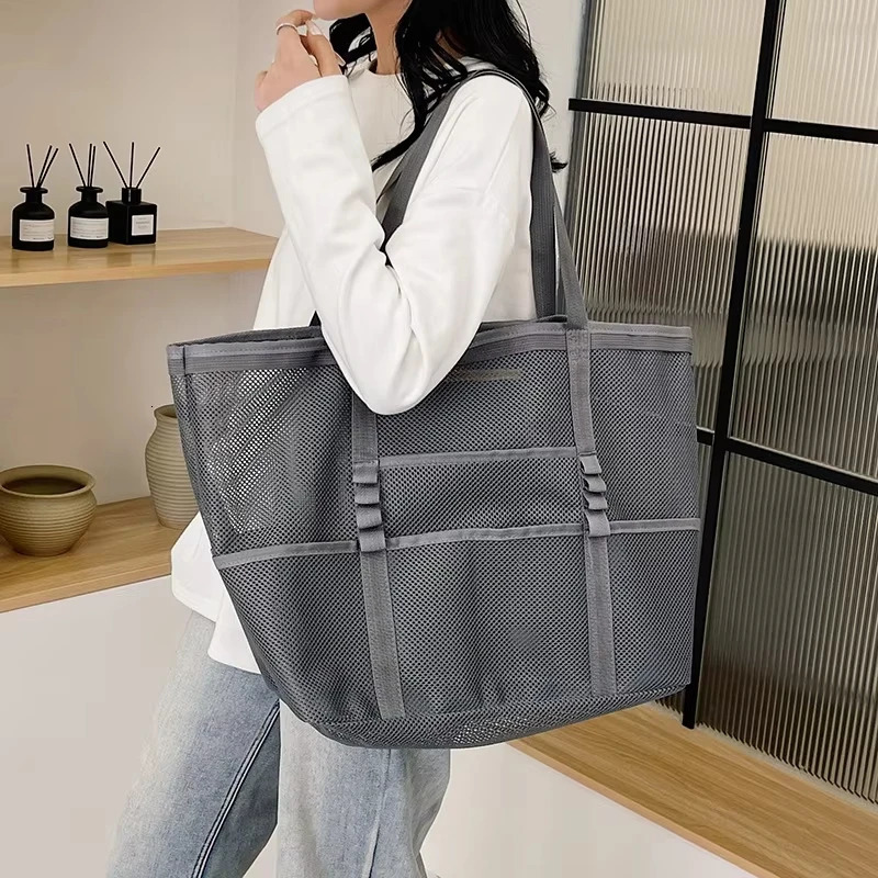 Large Capacity Canvas Beach Bag Versatile Commuting Shopping Shoulder Lightweight Semi Transparent Mesh Hollow Bag 250605
