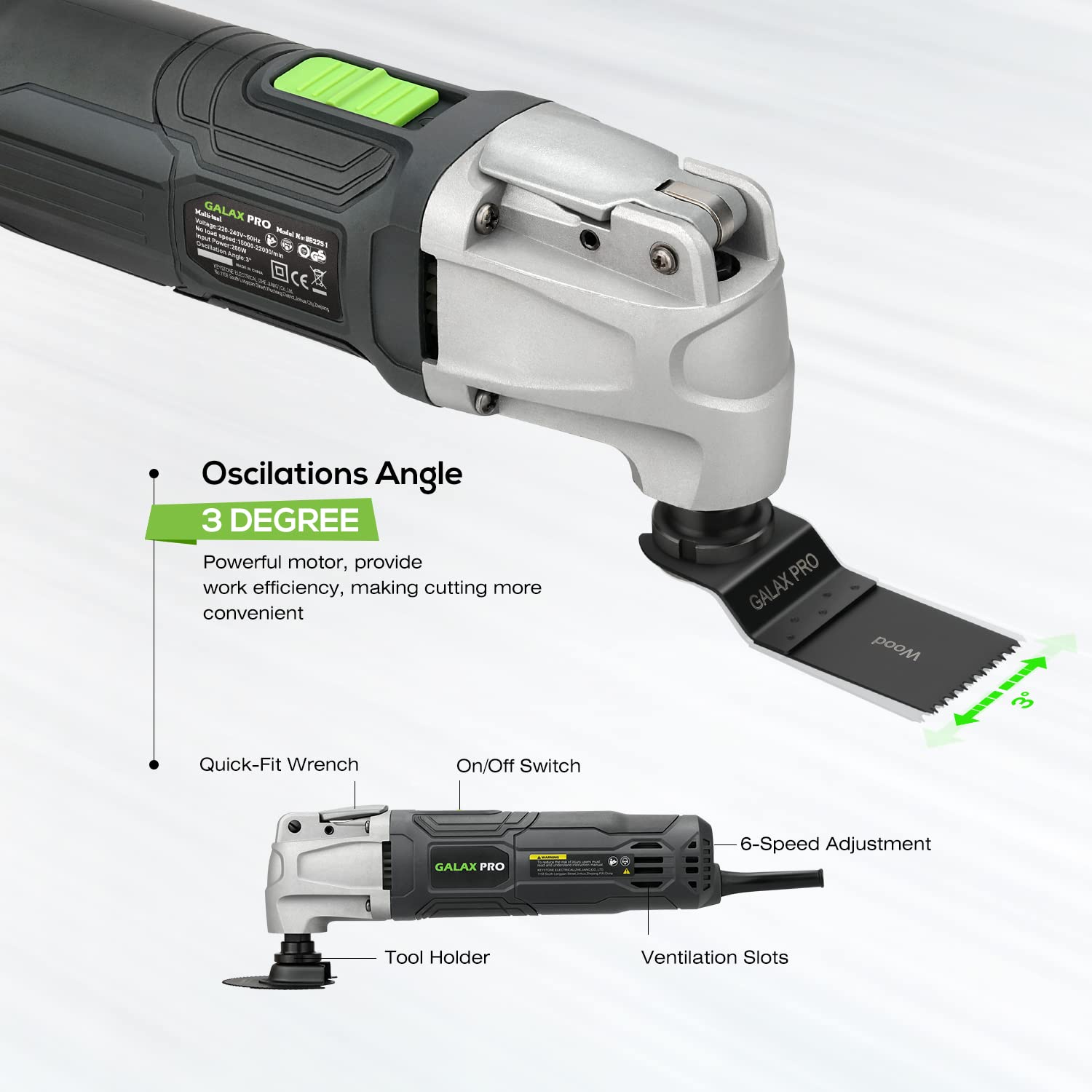GALAX PRO Oscillating Tool, 260W 6 Variable Speed Oscillating Multi-Tool Kit with Quick-Lock Accessory Change, Oscillating Angle:3°, 40pcs Accessories