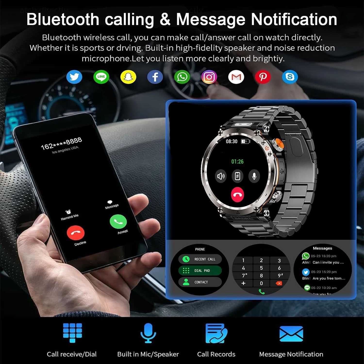 5ATM Outdoor Smart Watch Men 600mAh LED Flashlight SmartWatch Cpass call rate IP 68 Sports Smartwatch 2025 New C251203