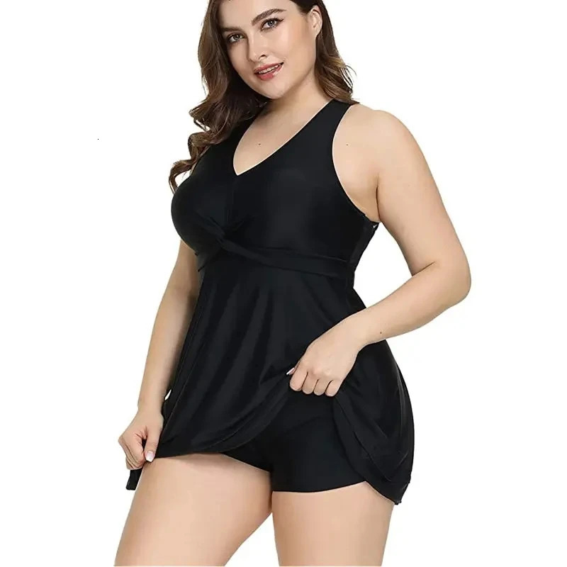 Women Summer Swimsuit Plus Size Swimdress Two Piece Cross Back Tankini Set Swimwear High Waist Chubby Swimsuits 250603