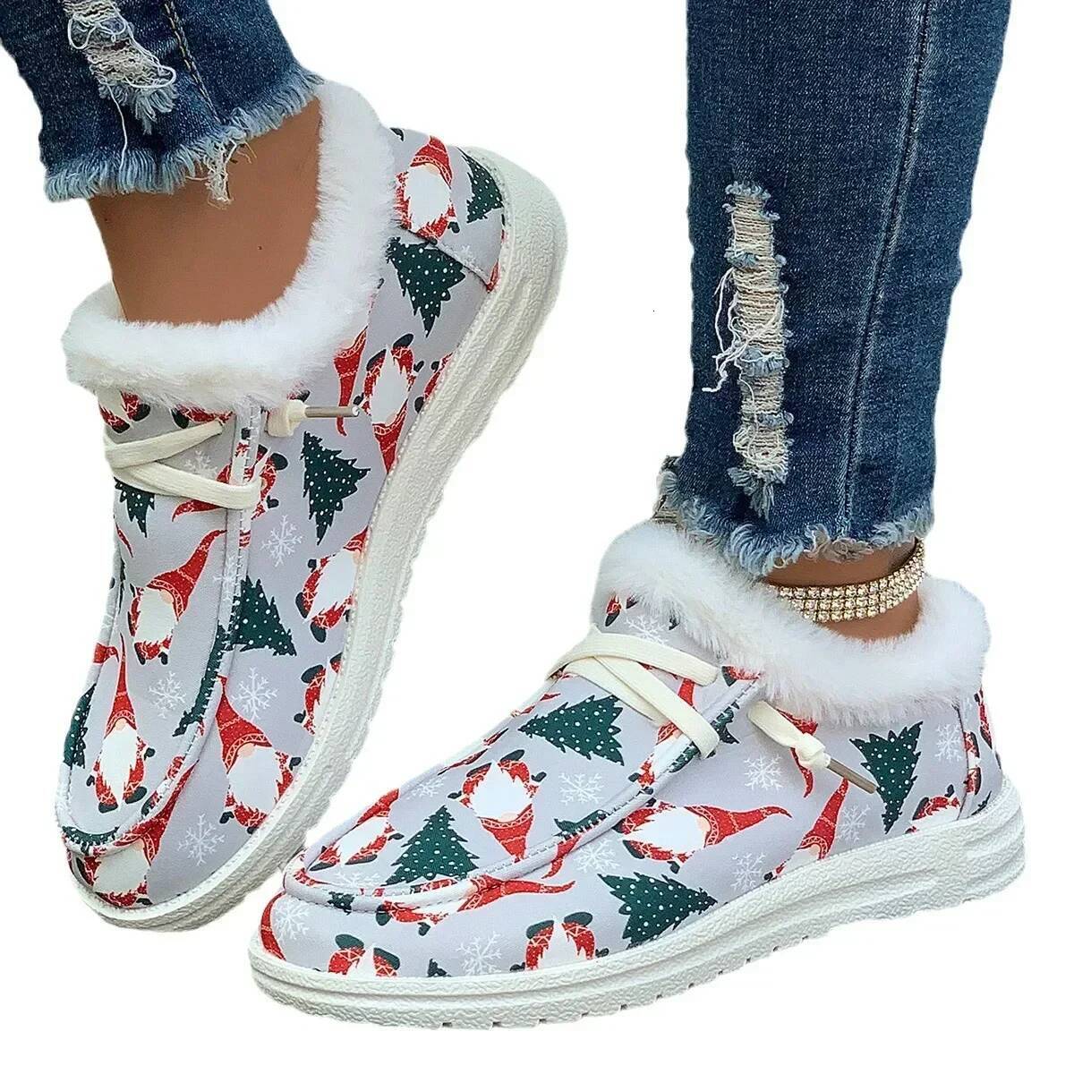 Ddmyoutdoor Ladies Flat Casual Women New Winter Ankle Snow Boots Woman Christmas Print Cotton Shoes Short Plush Booties Warm Gift Outdoor Shoes