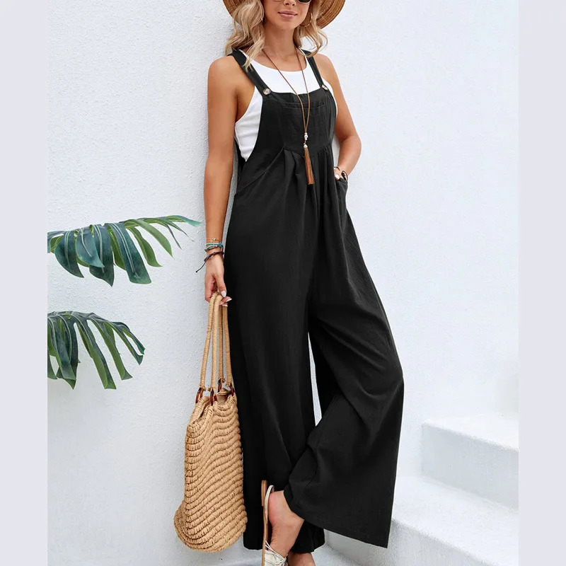 Summer Women Long Jumpsuit Solid Color Casual Loose Thin Size Sleeveless Straps Wide Leg Women Suspender Loose Jumpsuit 250530