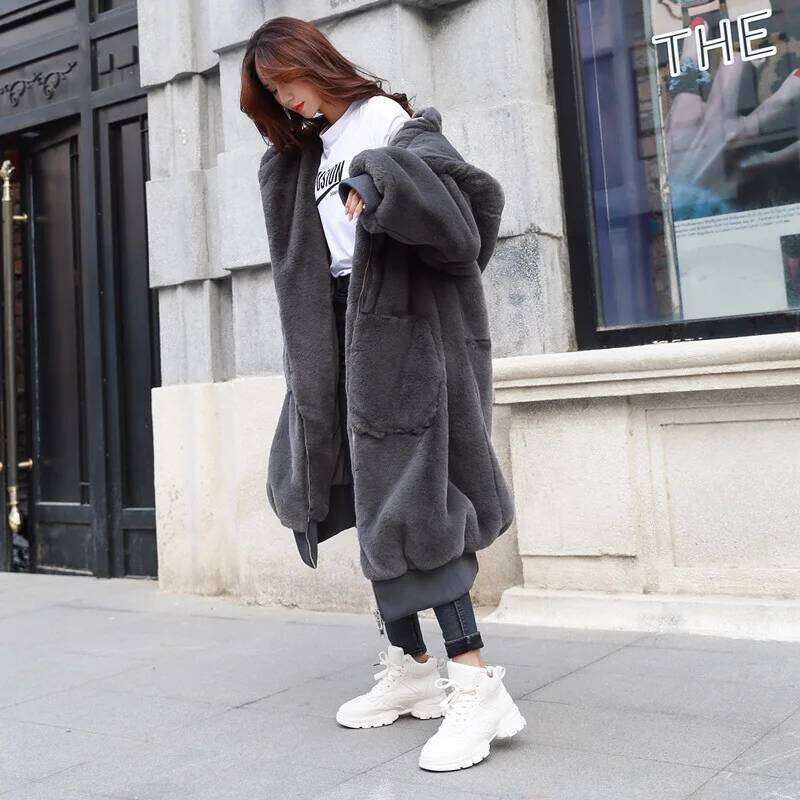 New Hooded Long Warm Thickened Jacket Trend Faux Rabbit Fur Coat Winter Casual Plush High-quality Outerwears Top