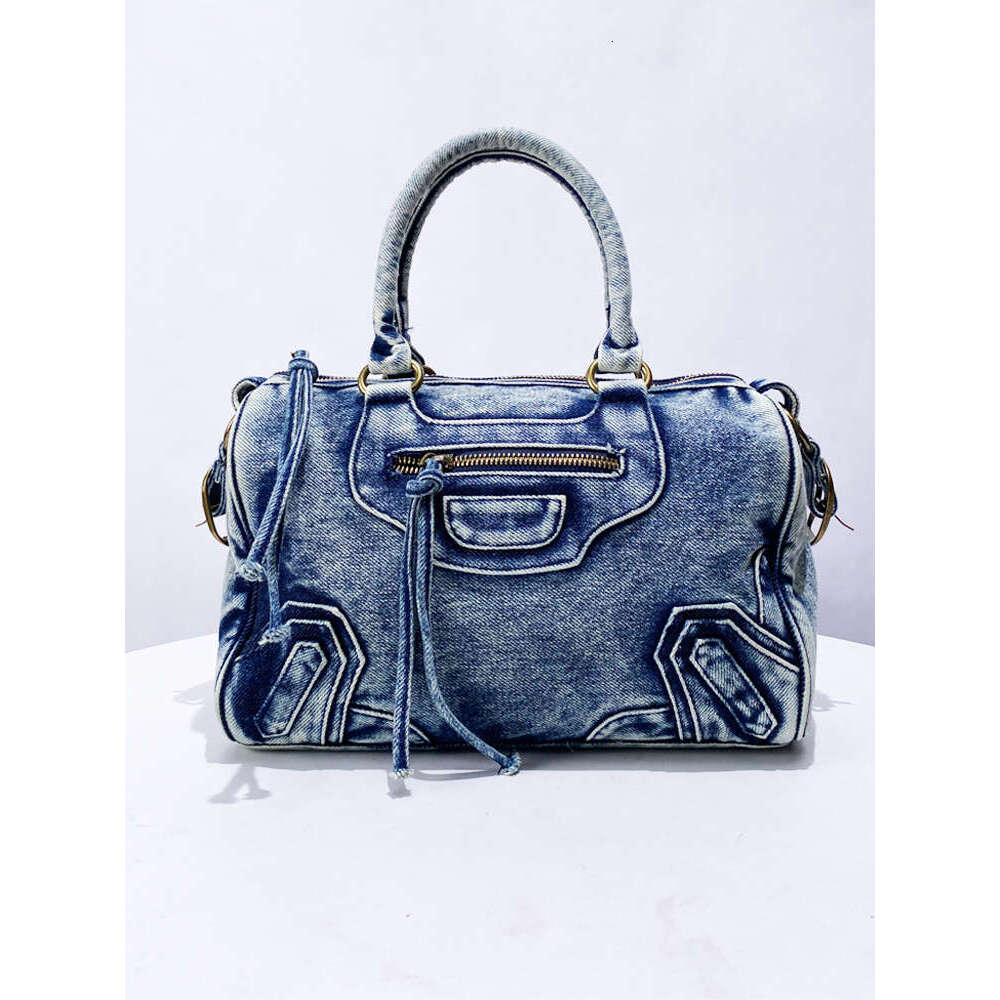 Washed Denim Motorcycle Tote New Rivet Decor Niche Handbag Shoulder Crossbody Bag