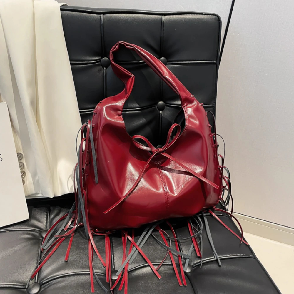 Spring Summer Tassel Lace-Up One Shoulder Bag Womens Casual All-Match Solid Versatile Tote Bags Daily Commute Underarm Packs 250605