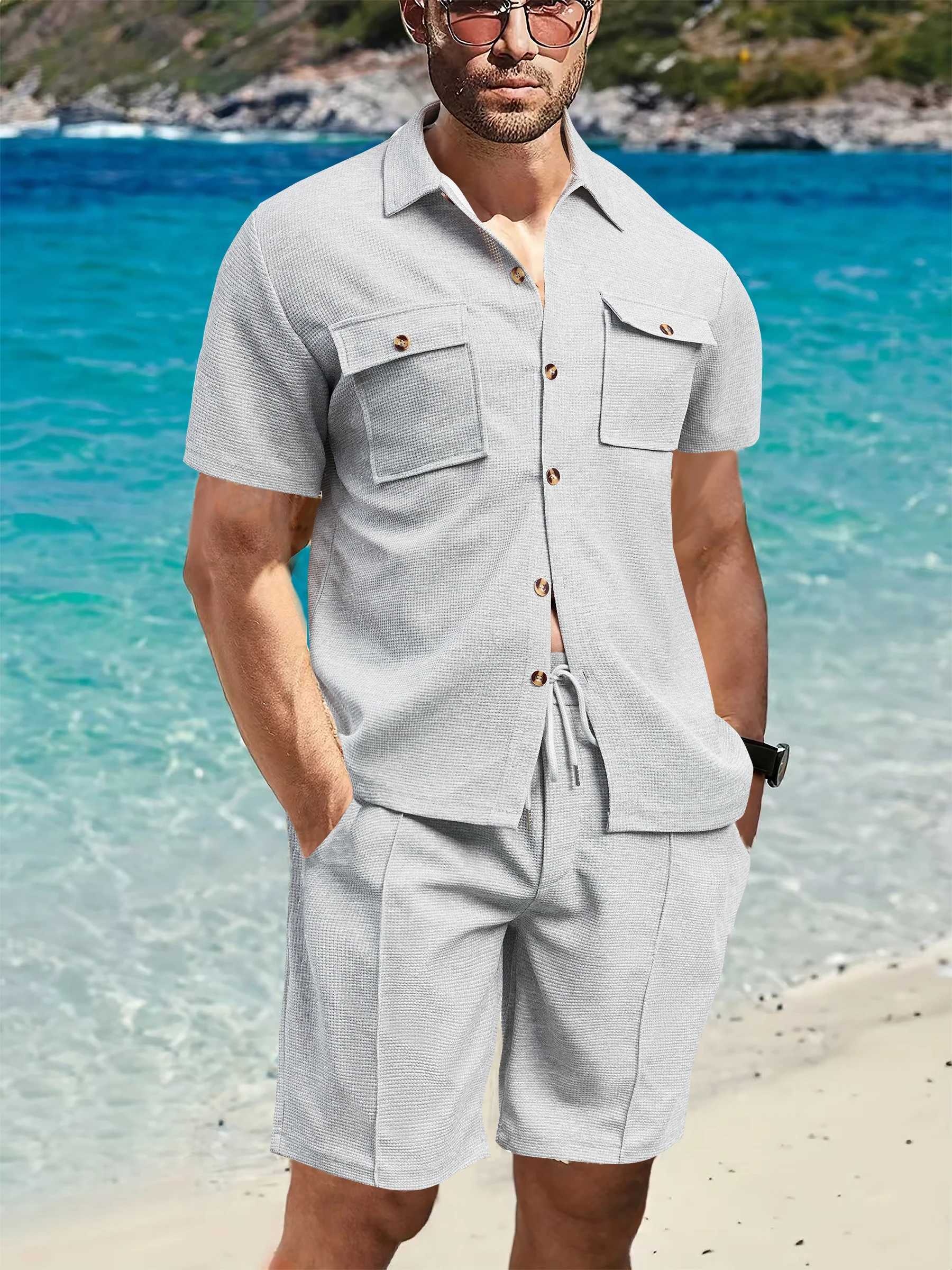 Summer New Men Waffle Solid Color Casual Pocket Shirt Short Sleeve Shorts Outdoor Beach Two-Piece Suit W250609