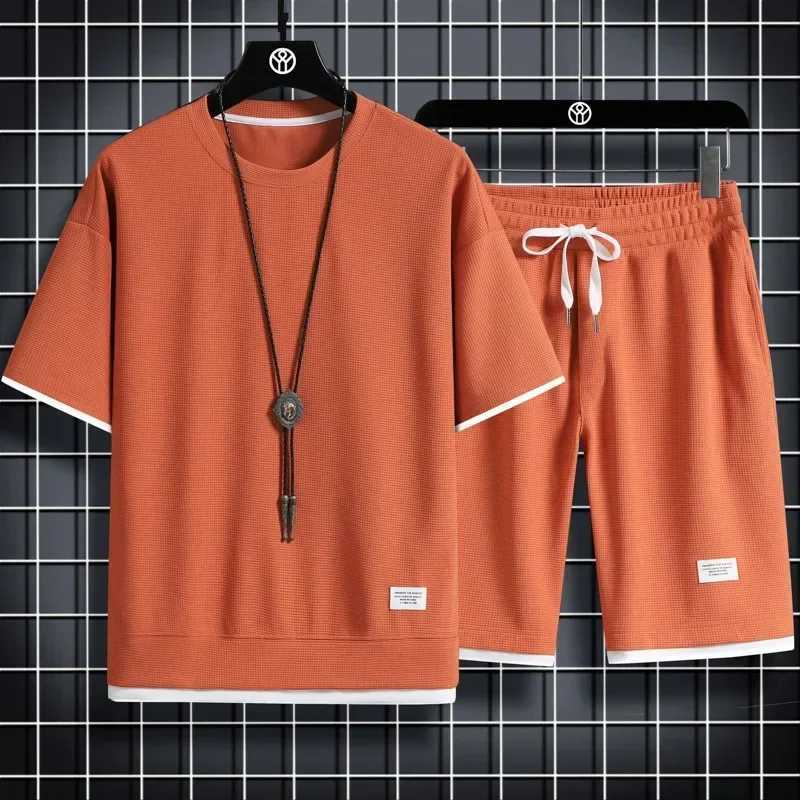Summer Mens Sports Set Casual T-Shirt And Shorts Set Male Sports Suit Solid Color Tracksuit Loose Suits Size 3XL W250609