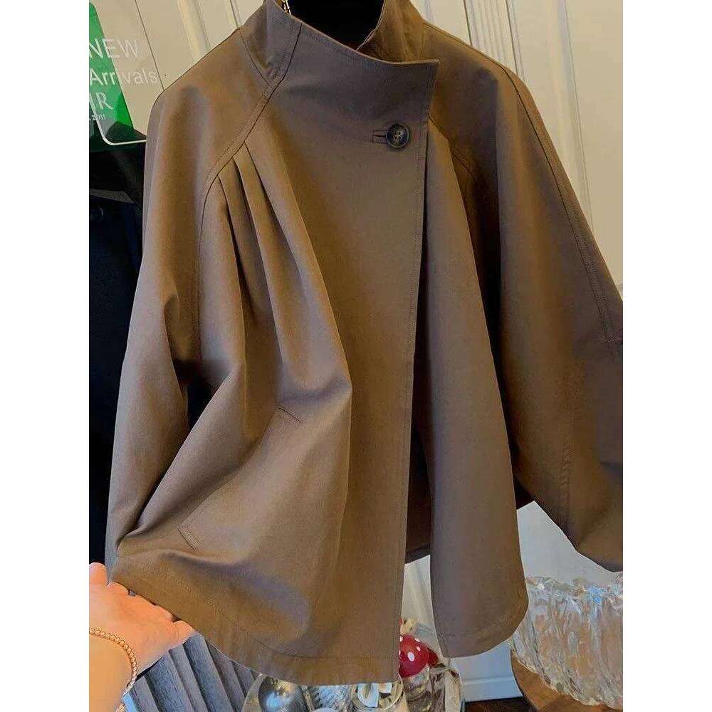 French retro fashion collar solid color windbreaker women's spring and autumn new plus size loose temperament Joker casual coat