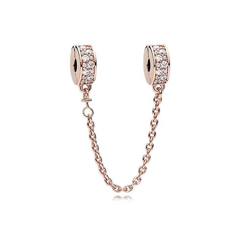 New Rose Gold Security Chain Sparkling Clip Charm Bead Fit Original 925 Sterling Silver European Bracelet DIY Women Jewelry Gift XJ250607