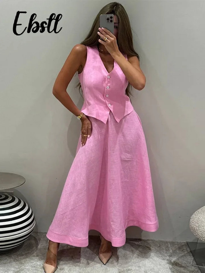 Solid Single Breasted Vest Skirts Suit Womens V-neck Sleeveless Waistcoat Loose Long Skirt 2025 Summer Lady Casual Outfit 250605
