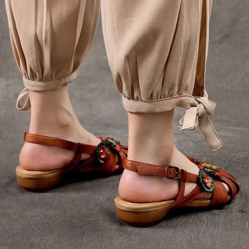 Ddmyoutdoor Retro Women Rome Sandals Flower Buckle Design Soft Leather Platform Sandal Casual Fashion Mom Shoes Sandalias Mujer Outdoor Shoes