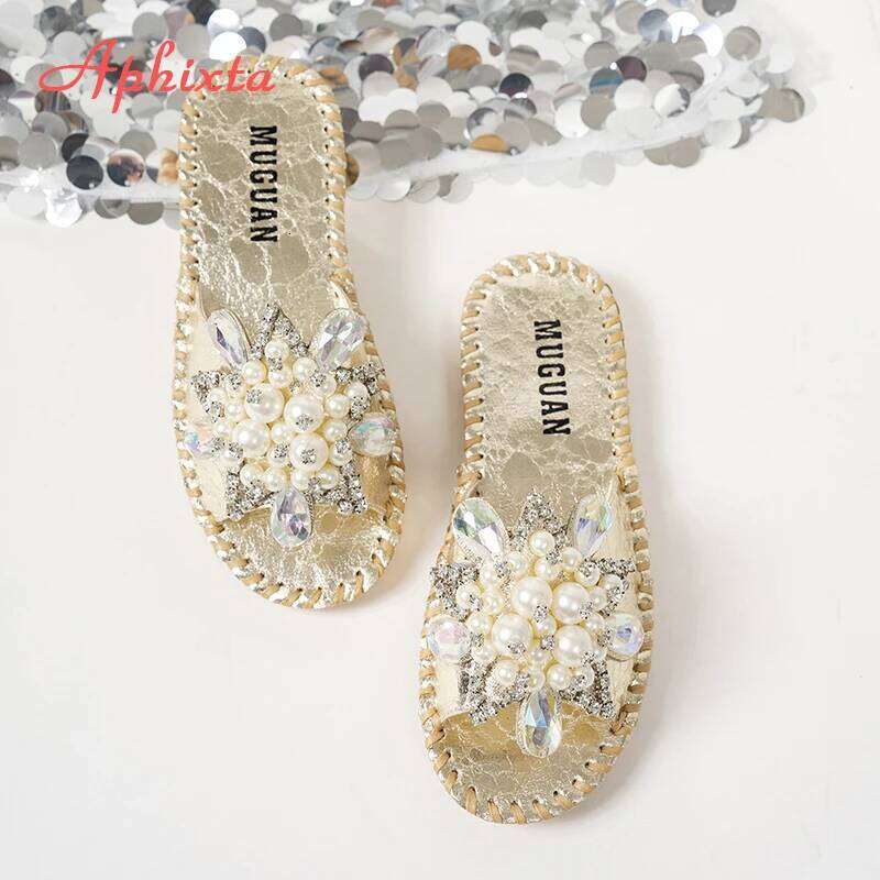 Aphixta New Gold Crystal Flower Slippers Women Summer Round Toe Shoes Outdoor Flat Heel Bling Slides Big Size43 Flip Flop